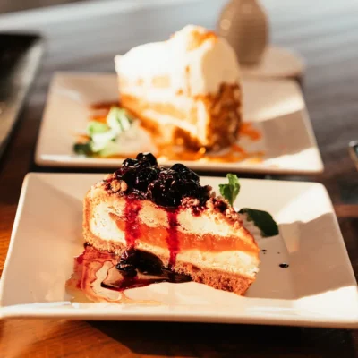 Blueberry cheesecake dessert served on a plate at Bistro 1969